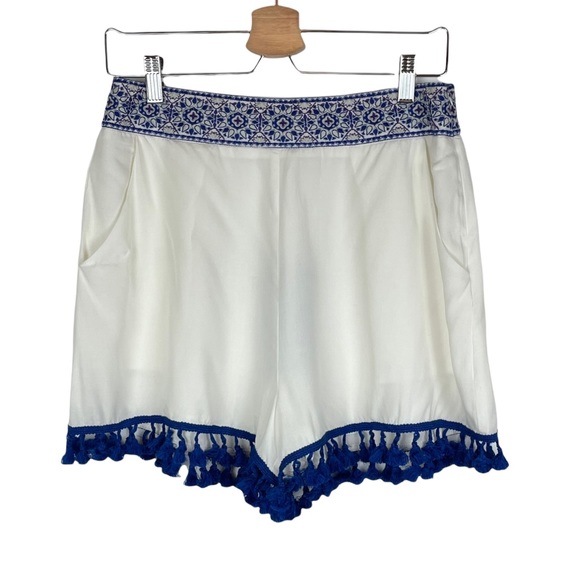 Show Me Your MuMu Blue White High Waisted Embroidered Tassel Short Size L